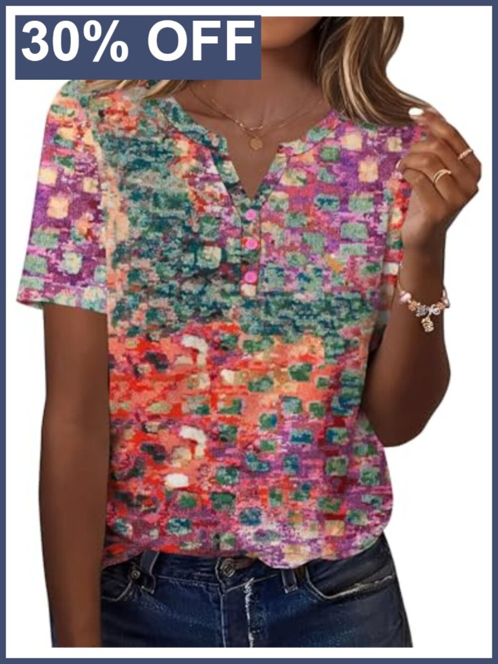 Button V Neck Short Sleeve Blouse, Lightweight Stretchy 94% Polyester 6%